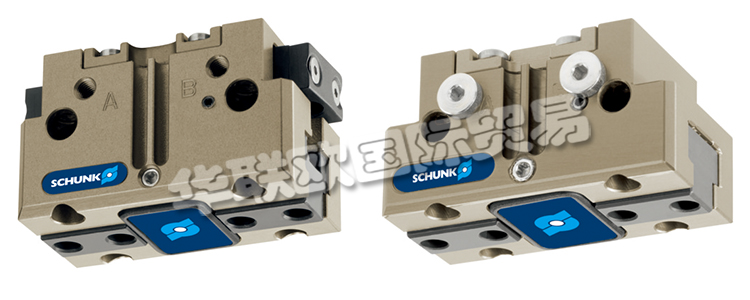 SCHUNK機(jī)械爪手JGP64-1帶雙平動(dòng)機(jī)械手的旋轉(zhuǎn)頭，可在機(jī)器內(nèi)同時(shí)裝載和卸載工件。在壓縮空氣的作用下，橢圓形活塞上下移動(dòng)。楔式結(jié)構(gòu)的有角度活動(dòng)表面使基爪能夠同步平動(dòng)。